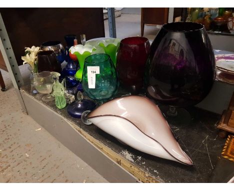 Half shelf of glassware to include a large shell, Royal Doulton items etc