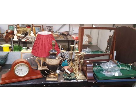 Part shelf to include brass candlesticks, wooden mantle clocks, swing mirror &amp; other items