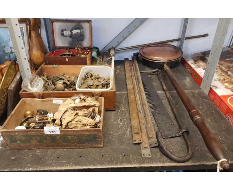 Shelf of late Victorian brass furniture fittings including pair of Art Deco shop door handles, brass bed warmer etc