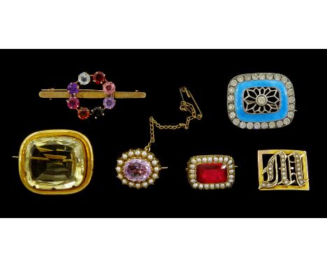 Four Victorian and later gold brooches including gold amethyst and seed pearl, citrine and multi-gemstone and citrine, gold '