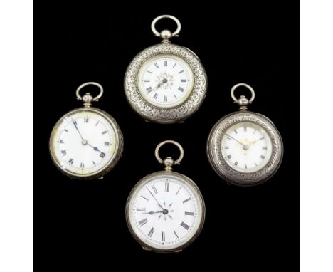 Four silver cylinder ladies pocket watches, all white enamel dials with Roman numeralsCondition Report:Largest one working di