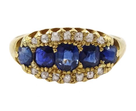 19th/early 20th century gold five stone graduating cushion cut sapphire and diamond chip three row ring, makers mark AH, stam