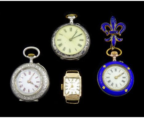 Three silver ladies cylinder fob watches, one with blue enamel case and gilt bow top, another with niello decoration and a Re