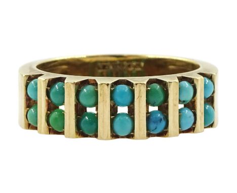 14ct gold two row turquoise ring, hallmarkedCondition Report:Approx 5.95gm, size M-N, max depth = 5.8mm