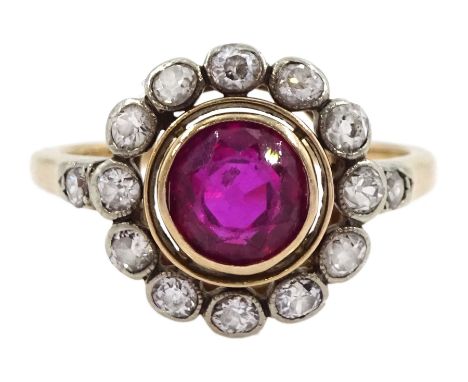 Early 20th century 15ct rose gold round synthetic ruby and milgrain set old cut diamond cluster ring, with diamond set should