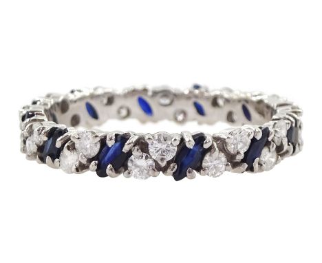 18ct white gold marquise cut sapphire and round brilliant cut diamond full eternity ring, Birmingham import mark 1974, total 