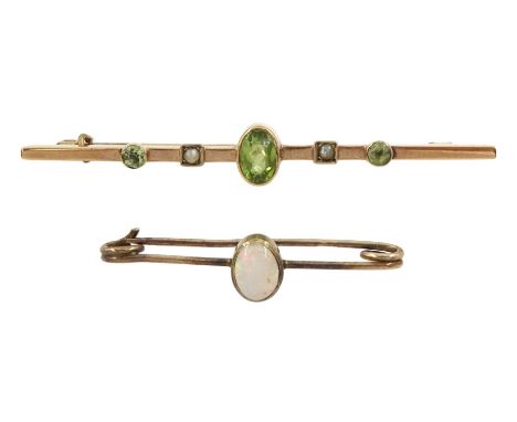 Early 20th century gold peridot and seed pearl brooch and a gold single stone opal brooch, both 9ctCondition Report:Approx 3.