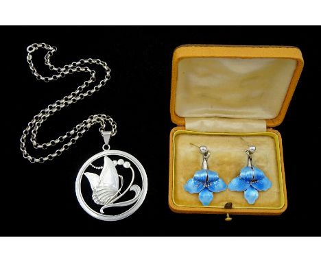 Danish silver butterfly pendant by Bernhard Hertz, on silver chain and a pair of Norwegian blue enamel orchid pendant stud ea