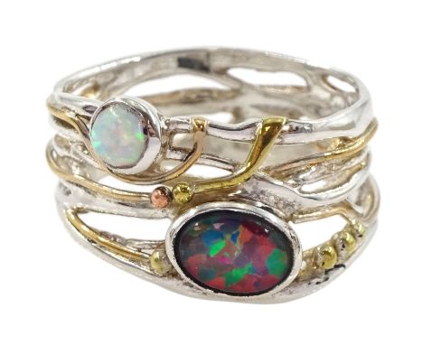 Silver and 14ct gold wire two stone opal ring, stamped 925Condition Report:Size P, max depth = 12mm, good condition