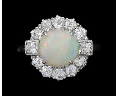 Art Deco white gold opal and old cut diamond cluster ring, stamped 18ct Plat, by Z Barraclough &amp; Sons Ltd, total diamond 