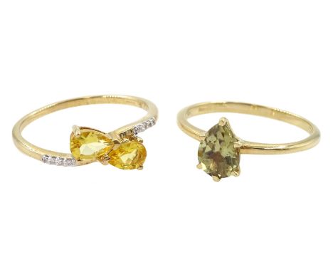 14ct gold single stone pear cut csarite ring and a 9ct gold clinohumite and white zircon ring, both hallmarkedCondition Repor