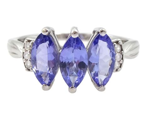 9ct white gold three stone marquise cut tanzanite and white zircon ring, hallmarkedCondition Report:Approx 2.45gm, size N-O, 