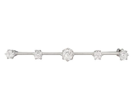 Early 20th century 15ct white gold five stone old cut diamond brooch, principle diamond approx 0.55 carat, total diamond weig