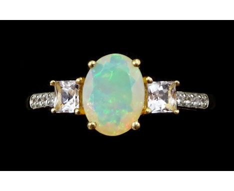 9ct gold opal and square cut morganite ring, with white zircon set shoulders, hallmarkedCondition Report:Approx 2gm, size R, 