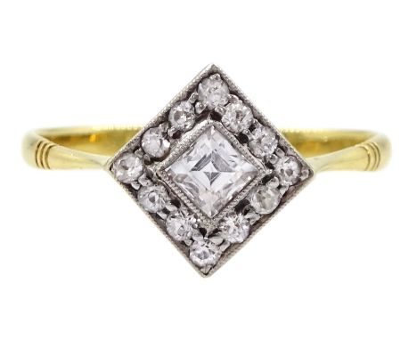 Gold milgrain set princess cut and round cut white sapphire square cluster ring, stamped 18ctCondition Report:Approx 1.9gm, s