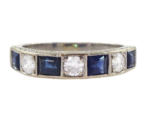 18ct white gold round brilliant cut diamond and calibre cut sapphire half eternity ring, with engraved decoration sides and s