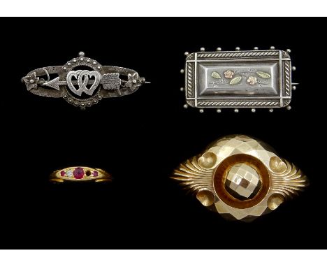 Victorian 9ct rose gold mourning brooch, 18ct gold ruby and diamond ring, Birmingham 1896 and two silver broochesCondition Re