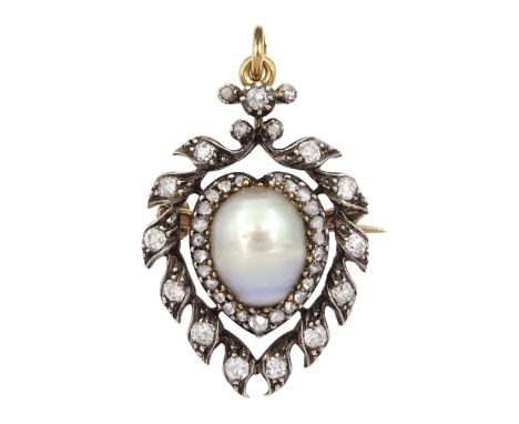 Victorian gold and silver heart shaped pendant/brooch, the central pearl with rose cut diamond surround, the outer border set