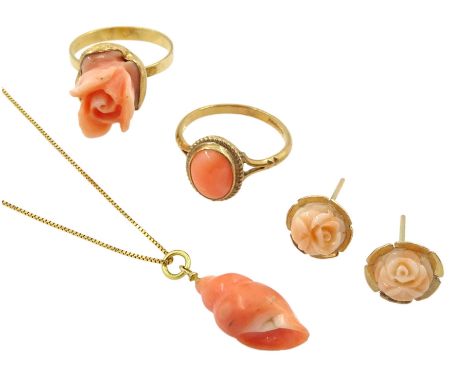 9ct gold single stone coral ring and pair of earrings, 18ct gold coral pendant, on 14ct gold necklace and an 18ct gold coral 