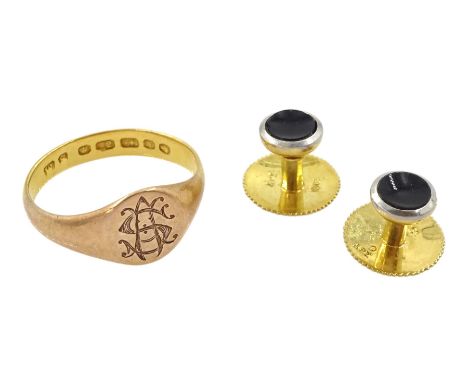 Pair of gold black enamel shirt studs stamped 18ct &amp; Pt and a gold signet ringCondition Report:Shirt studs approx 2.8gm, 