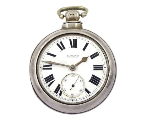 Victorian silver pair cased key wound fusee lever pocket watch by Richard Grunert, Beverley, No. 95125, white enamel dial wit