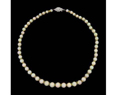 Early 20th century single strand graduating opal bead and faceted crystal bead necklace, on a white gold old cut diamond set 