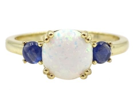 Silver-gilt three stone opal and sapphire ring, stamped 925Condition Report:Size N, good condition