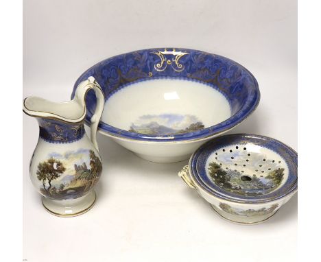 A Victorian F &amp; R Pratt toilet set, comprising a basin, jug and shaving bowl, jug 22.5cm