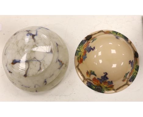 Two vintage glass plaffoniers comprising a French painted example and a marbleised example, 30cm diameter