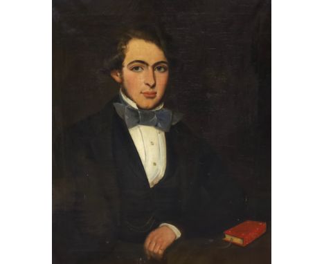 19th century Scottish School, oil on canvas, Portrait of a young gentleman seated with a John Milton book, partially indistin