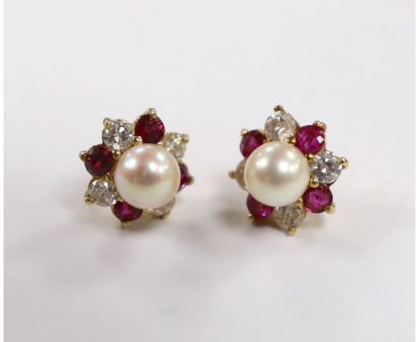 A pair of yellow metal, cultured pearl, ruby and diamond set flower head cluster ear studs (lacking butterflies), 11mm, gross