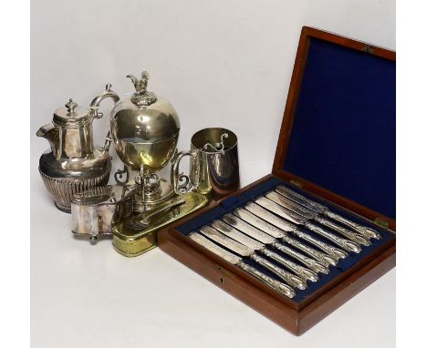 Assorted plated ware including a cased set of dessert knives, egg coddler, caddy, mug etc.