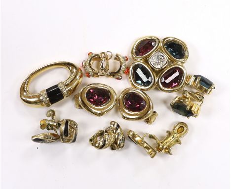 A Christian Dior gilt metal and coloured paste set quatrefoil brooch, 37mm and pair of similar ear clips, five other assorted