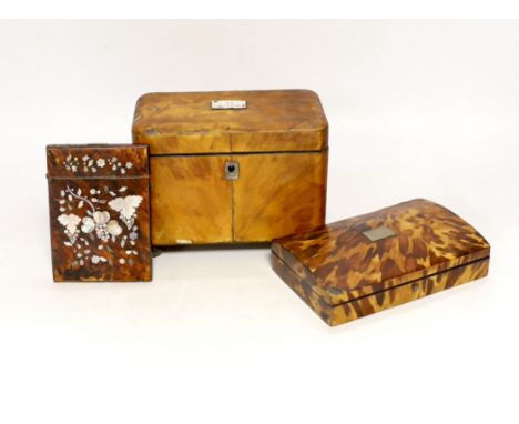 A 19th century two section tortoiseshell tea caddy on ball feet, a tortoiseshell necessaire case and a tortoiseshell and moth