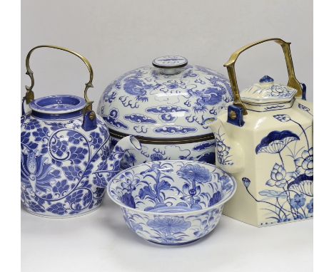 Four modern Chinese blue and white ceramic items; two teapots, a lidded vessel and a bowl, tallest 23.5cm