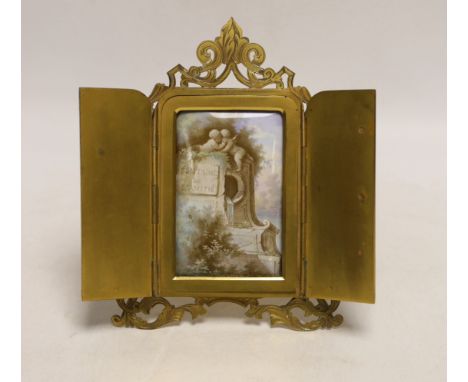 A French Palais Royale easel enamel plaque, Fontaine de L'amitie, retailed by Rodrigues of Piccadilly, 16.5cm high