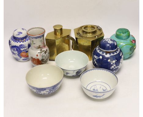 Chinese items including a brass tea caddy and kettle, blue and white porcelain  bowls and a Japanese vase