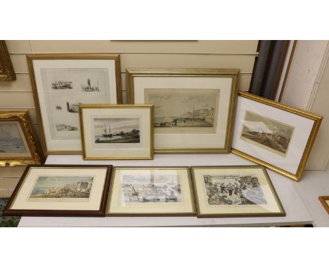 Seven 19th century engravings and prints of Brighton views, some hand coloured, including after M Jones, East Cliff, storm ap
