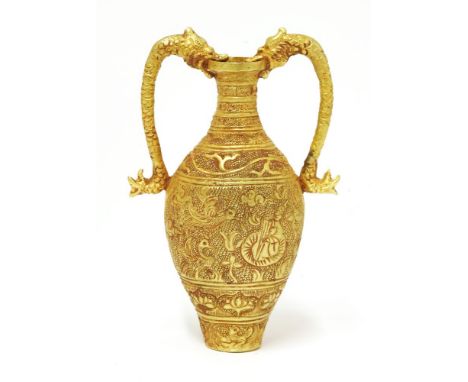 A Chinese gold two-handled 'amphora' vase,decorated with two literati playing go in a garden, the other side with a literatus