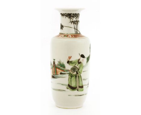 A Chinese wucai vase,Kangxi (1662-1722), painted with a scholar playing Touhu in a garden, the neck painted with bamboo, 20.5