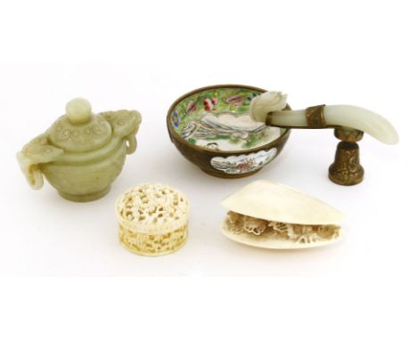 A collection of Chinese miscellaneous, 19th/20th century, comprising: a jade censer with cover, 5.5cm high, an ashtray with a