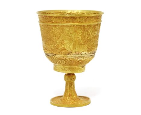 A Chinese gold stem cup,of tapering cylindrical form on a flared short foot, decorated with a hunting scene between scroll bo