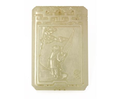A Chinese jade plaque,Qing dynasty (1644-1911), of rectangular form, the top section carved with two archaic chilong above a 