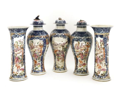 A set of five Chinese famille rose altar vases,Qianlong (1736-1795), comprising two beaker vases and three of baluster form w