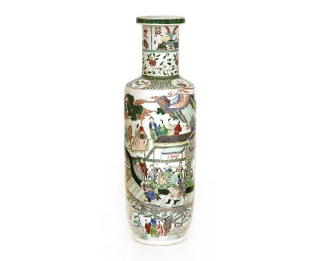 A Chinese wucai vase,of rouleau form, decorated with figures using poles to steer a dragon boat, on which a group of ladies a