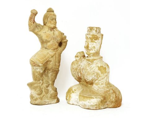 A Chinese earthenware figure,Han dynasty (206 BC to AD 220), of a musician playing a drum, 30.5cm high, andanother,Tang dynas
