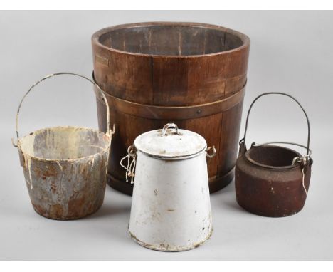 A Vintage Cast Iron Glue Pot, Paint Tin and Enamel Lidded Milk Pail, Together with a Coopered Cylindrical Bin Made fromt he T