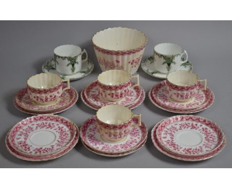 A Pink Transfer Printed Early 20th Century Tea Set in the Manner of Wileman to comprise Four Cups, Slop Bowl, Seven Saucers, 