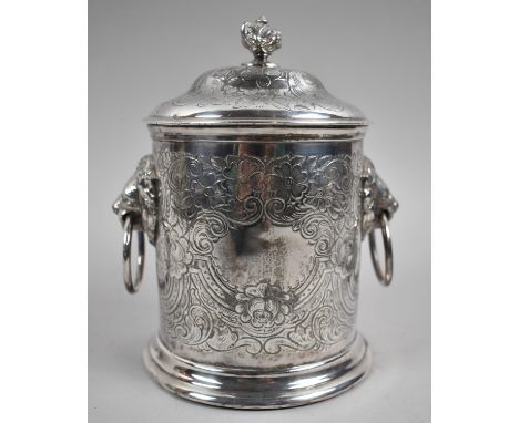 A Early/Mid 20th Century Silver Plated Cylindrical Biscuit Barrel/Lidded Pot by J H Potter Sheffield, Lion Mask Ring Handle, 