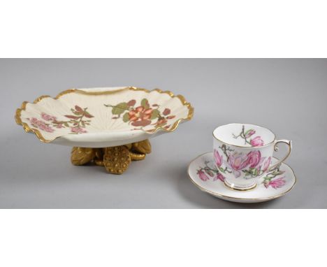 A Roslyn Magnolia Pattern Teacup and Saucer Together with a Royal Worcester Blush Ivory Shallow Bowl on Stand having Gilt Nat